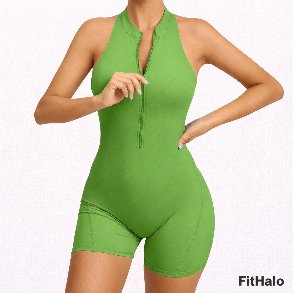 Combinaison short de sport zippée sans manches pour femme – effet gainant ventre plat et rehausse-fessier, tenue fitness extensible Fithalo