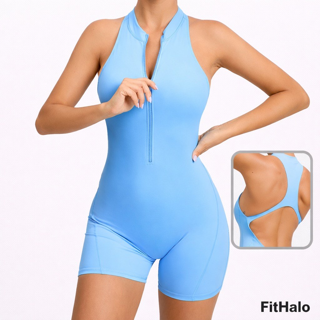 Combinaison short de sport zippée sans manches pour femme – effet gainant ventre plat et rehausse-fessier, tenue fitness extensible Fithalo
