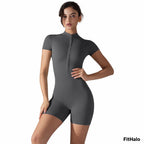 Combinaison short de sport zippée à manches courtes pour femme – tenue fitness slim pour yoga et danse Fithalo